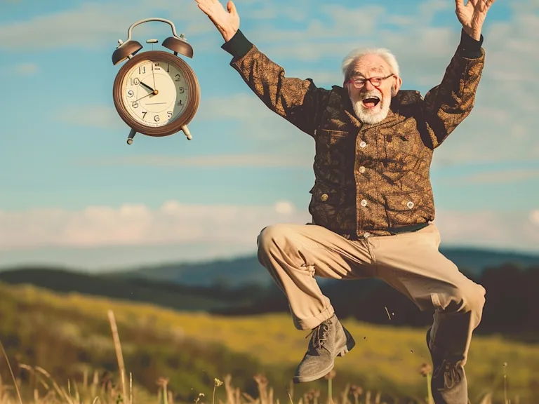 A funny image of a retiree throwing an alarm clock into the air, symbolizing freedom from the daily grind.