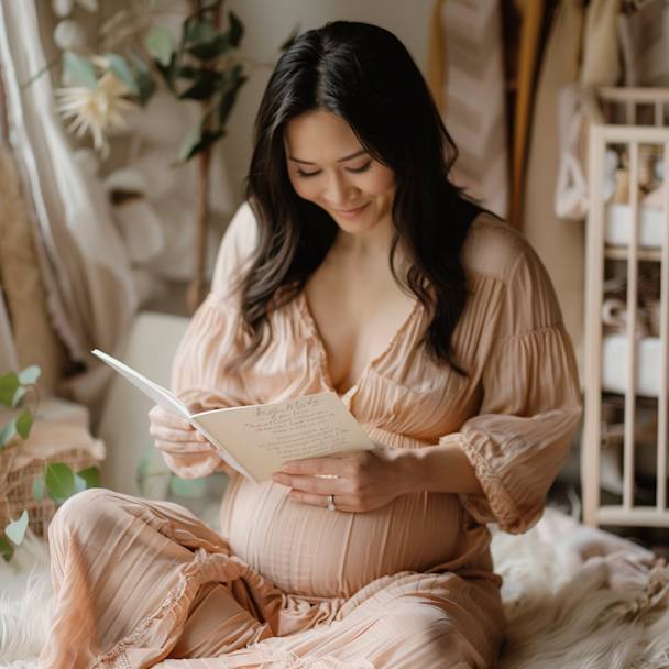 Photograph of a mother reading a heartfelt card, surrounded by baby essentials, capturing the joy and anticipation of maternity leave