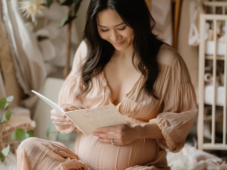 Photograph of a mother reading a heartfelt card, surrounded by baby essentials, capturing the joy and anticipation of maternity leave