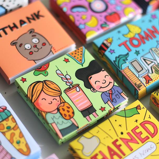 Illustration of assorted thank you cards with funny cartoons on them