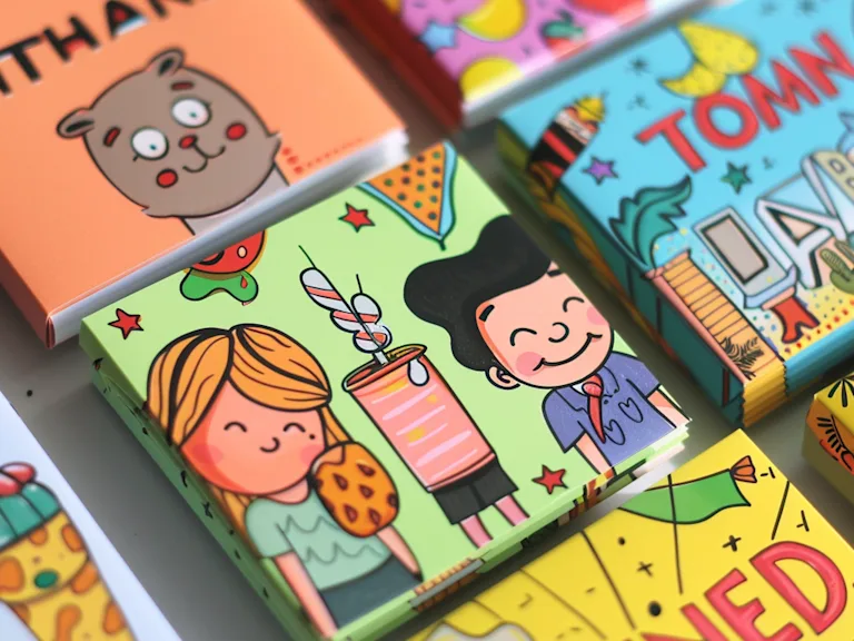 Illustration of assorted thank you cards with funny cartoons on them