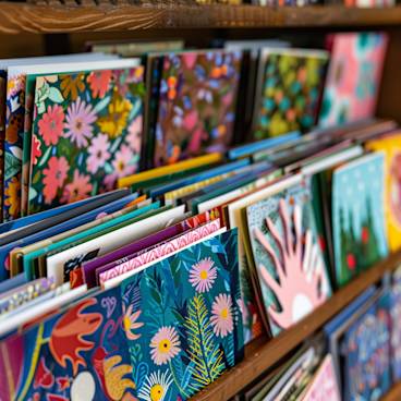 A vibrant assortment of seasonal greeting cards displayed on a shelf at an angle