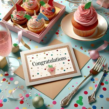 Photograph of a celebratory scene with confetti and Congratulations card