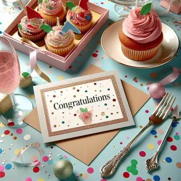Photograph of a celebratory scene with confetti and Congratulations card