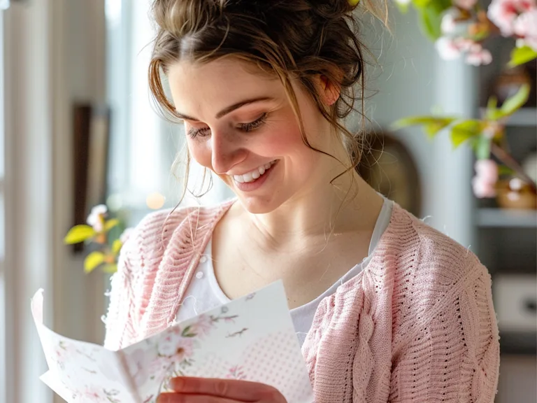 Photograph of a young mother opening a mother's Day card, with a smile on her face