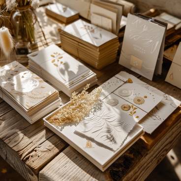 Assortment of wedding cards on wooden table