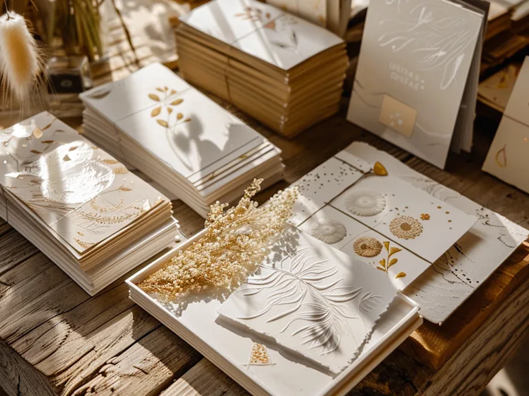 Assortment of wedding cards on wooden table