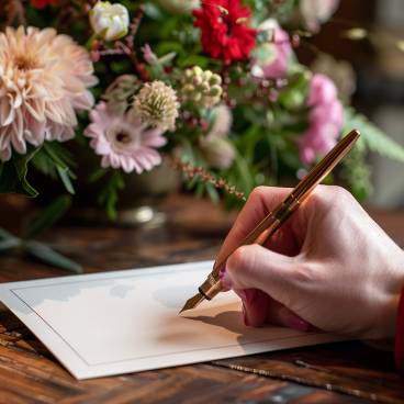 Photograph of a hand writing in an elegant greeting card with a fountain pen, beside a bouquet of flowers