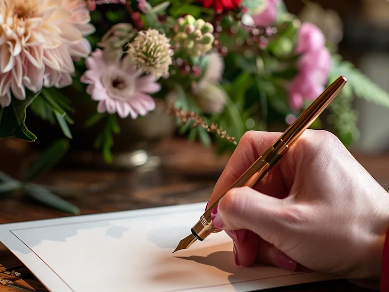 Photograph of a hand writing in an elegant greeting card with a fountain pen, beside a bouquet of flowers