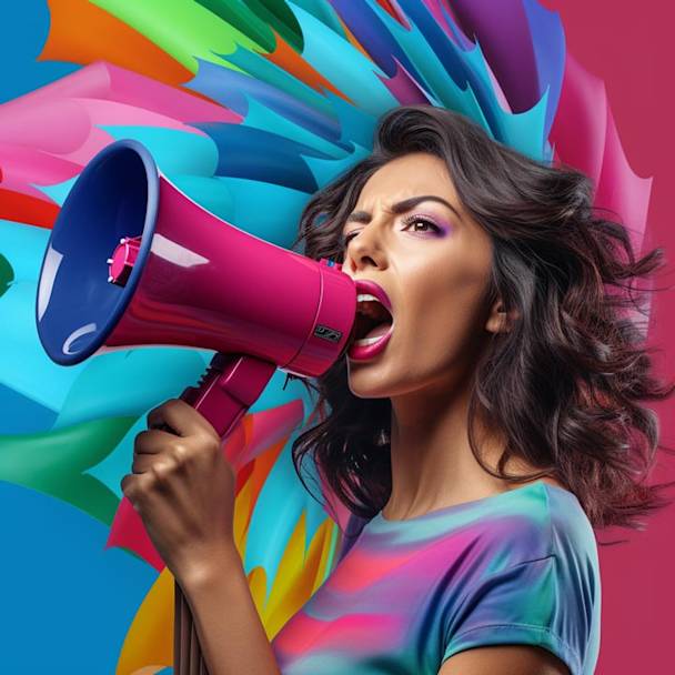 Woman with megaphone - create brand awareness with greeting cards