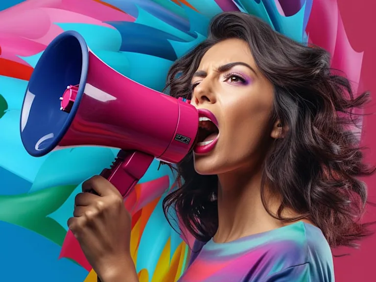 Woman with megaphone - create brand awareness with greeting cards