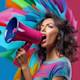 Woman with megaphone - create brand awareness with greeting cards