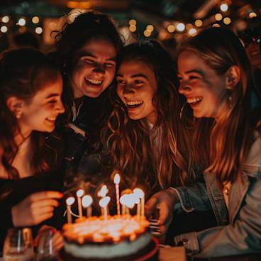 Group of young adult friends celebrating a birthday with cake