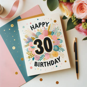 Photograph of a colorful 30th birthday card feminine simple style resting next to a bouquet of flowers