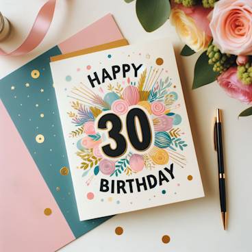 Photograph of a colorful 30th birthday card feminine simple style resting next to a bouquet of flowers