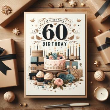 A stylish and tasteful 60th birthday card on a wooden table surrounded by gifts