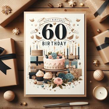 A stylish and tasteful 60th birthday card on a wooden table surrounded by gifts