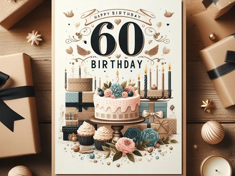 A stylish and tasteful 60th birthday card on a wooden table surrounded by gifts