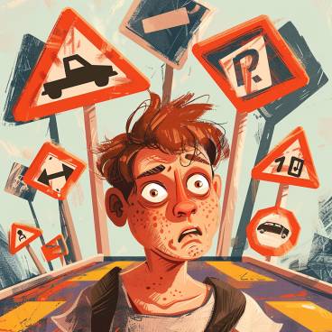 A funny illustration of a learner driver surrounded by road signs looking bewildered