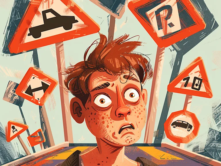 A funny illustration of a learner driver surrounded by road signs looking bewildered
