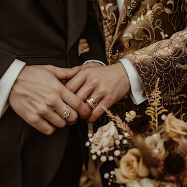Two grooms holding hands with wedding bands