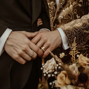 Two grooms holding hands with wedding bands