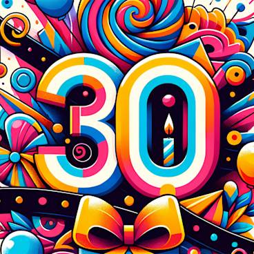 Front of a vibrant 30th birthday card