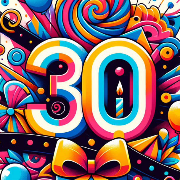 Front of a vibrant 30th birthday card