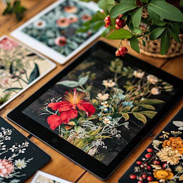 Various online greeting card designs displayed with a tablet