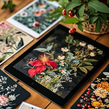 Various online greeting card designs displayed with a tablet