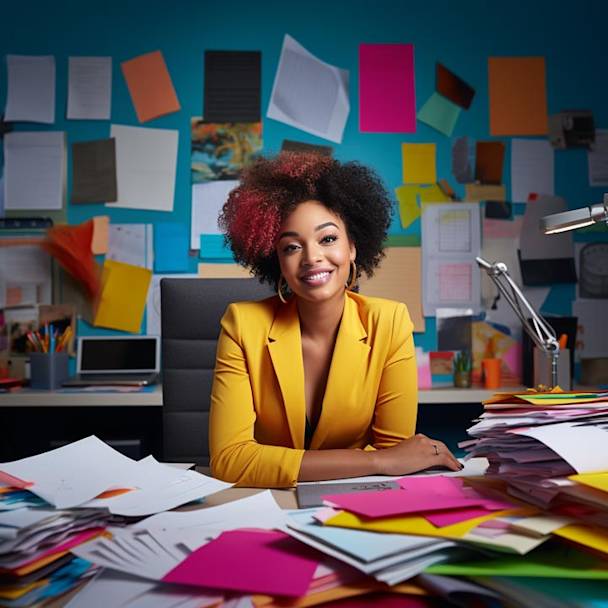Strong woman at work celebrating diversity and inclusion with cards