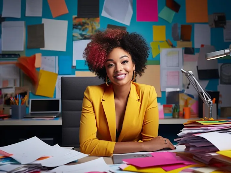 Strong woman at work celebrating diversity and inclusion with cards