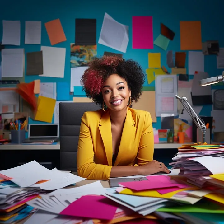Strong woman at work celebrating diversity and inclusion with cards
