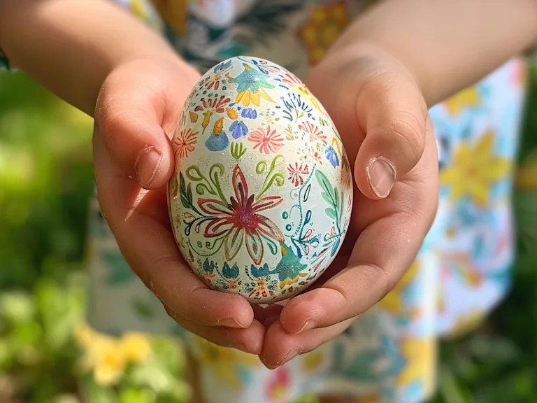 A child's hands holding a beautifully painted Easter egg, symbolizing joy and new beginnings