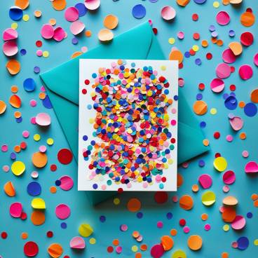 A burst of colorful confetti surrounding a beautifully crafted, unique birthday card, symbolizing creativity and personal touch.