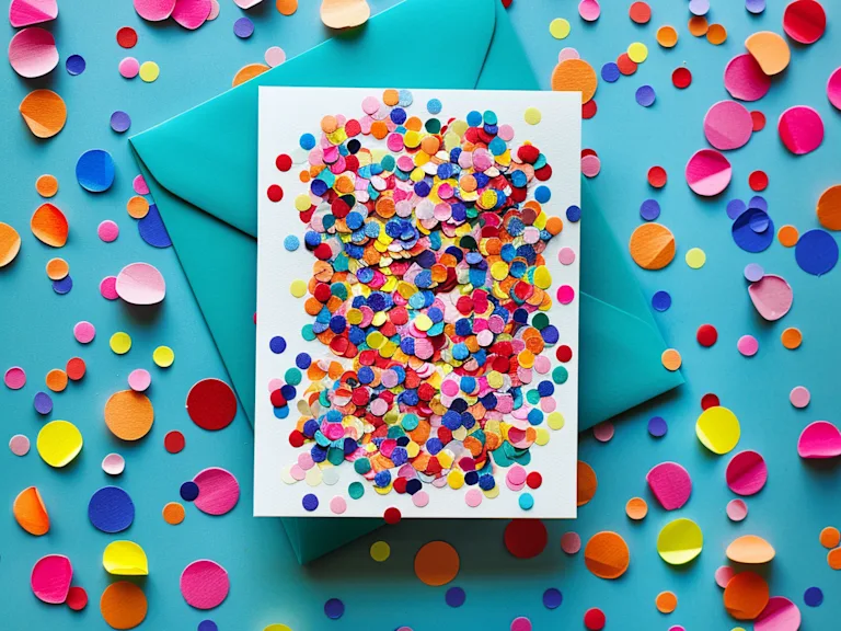 A burst of colorful confetti surrounding a beautifully crafted, unique birthday card, symbolizing creativity and personal touch.