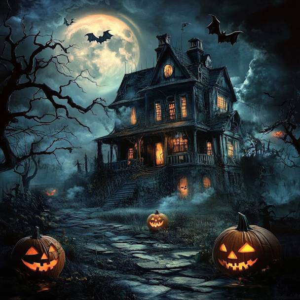 A spooky Halloween scene with a haunted house, ghosts, and pumpkins under a full moon.