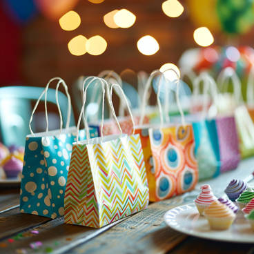 Assorted colorful party favor bags on a festively decorated kids' party table.