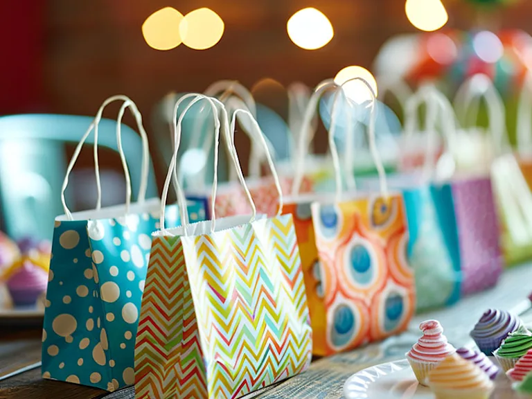 Assorted colorful party favor bags on a festively decorated kids' party table.