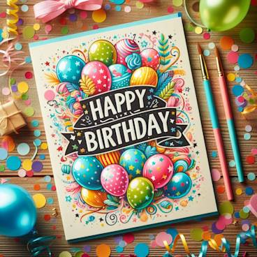 Happy Birthday card surrounded by confetti and balloons on a wooden table