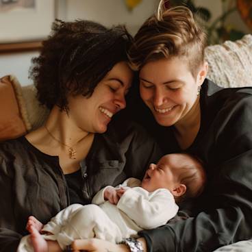 Two LGBTQ+ parents holding their new baby