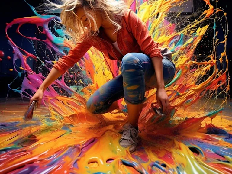 Woman posing in multicoloured paint