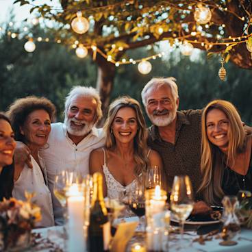 Group of adults celebrating a 60th birthday party modern family rustic setting