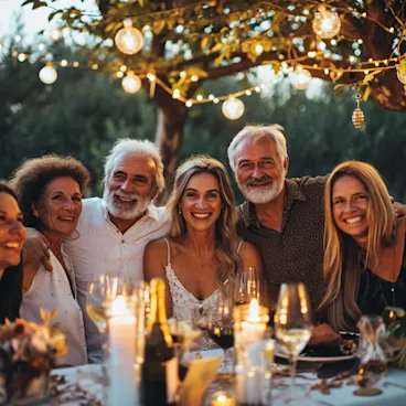Group of adults celebrating a 60th birthday party modern family rustic setting