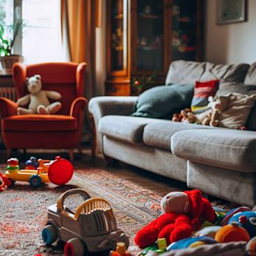 Photograph of a cozy family room with baby toys scattered, symbolizing the joy and chaos of new parenthood