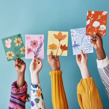 A diverse group of hands holding up colorful greeting cards