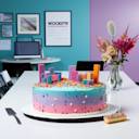 Colorful office leaving cake