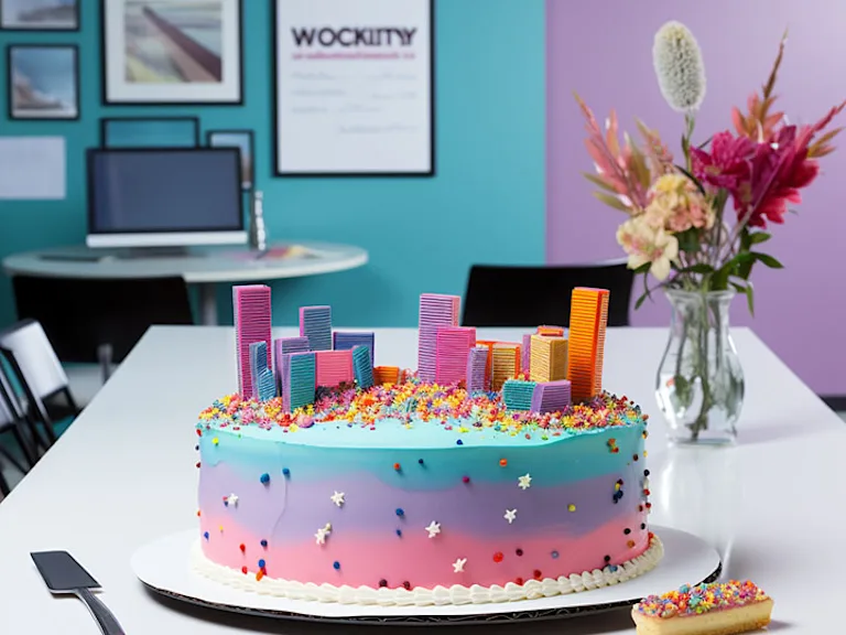 Colorful office leaving cake