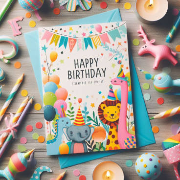 Photograph of a colorful and fun birthday invitation card surrounded by party decorations