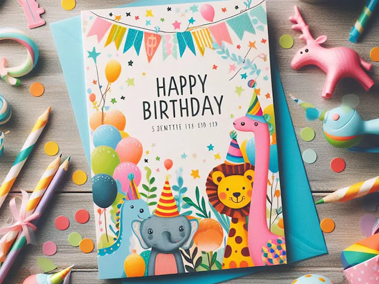 Photograph of a colorful and fun birthday invitation card surrounded by party decorations